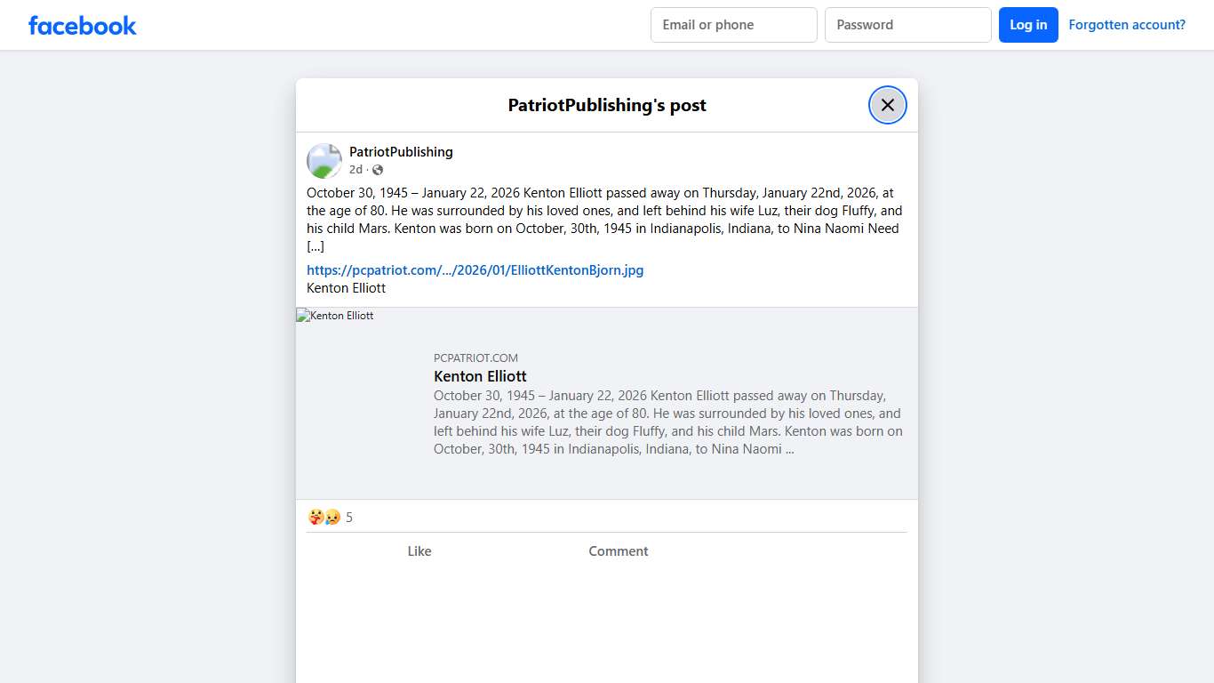 October 30, 1945 – January 22, 2026... - PatriotPublishing Facebook